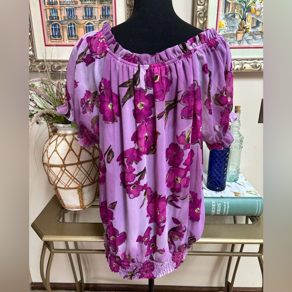 APT 9 PURPLE FLORAL PUFF SLEEVE BOW DETAIL BOHO RUFFLE PEASANT BLOUSE SIZE XL - Picture 3 of 10